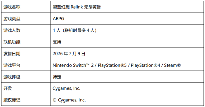 《碧蓝幻想 Relink 无尽黄昏》  预计将于 2026 年 7 月 9 日发售！
