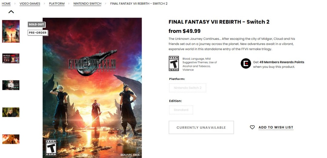 《最终幻想7：重生》Switch 2版已在美国SE商城售罄