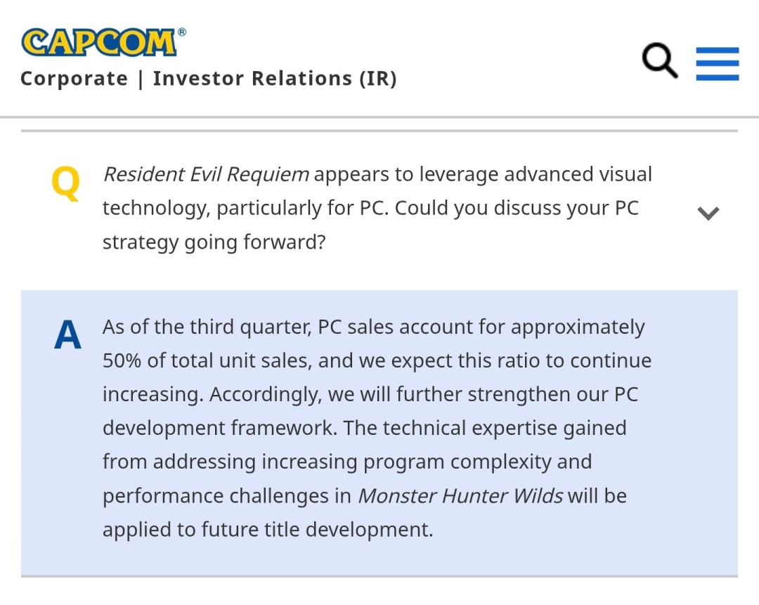 Capcom：PC平台销量占了总销量的50% 预计这一比例将继续增长