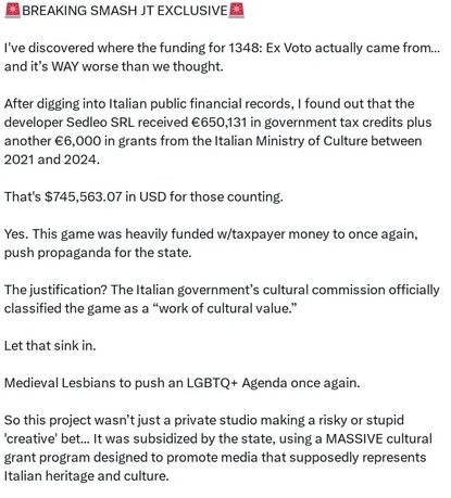 国家级翻车！DEI游戏《1348：圣誓》被曝获意大利文化部资助